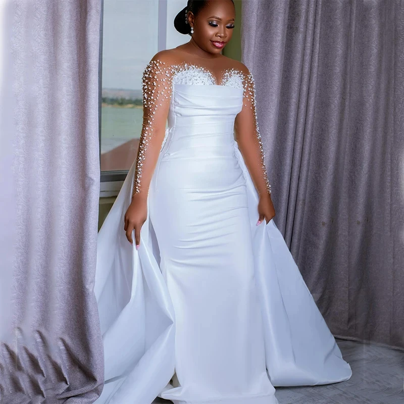 

Romantic Scoop Neck Shinny Pearls Mermaid Wedding Dresses with Detachable Train African Illusion Long Sleeves Bridal Gowns