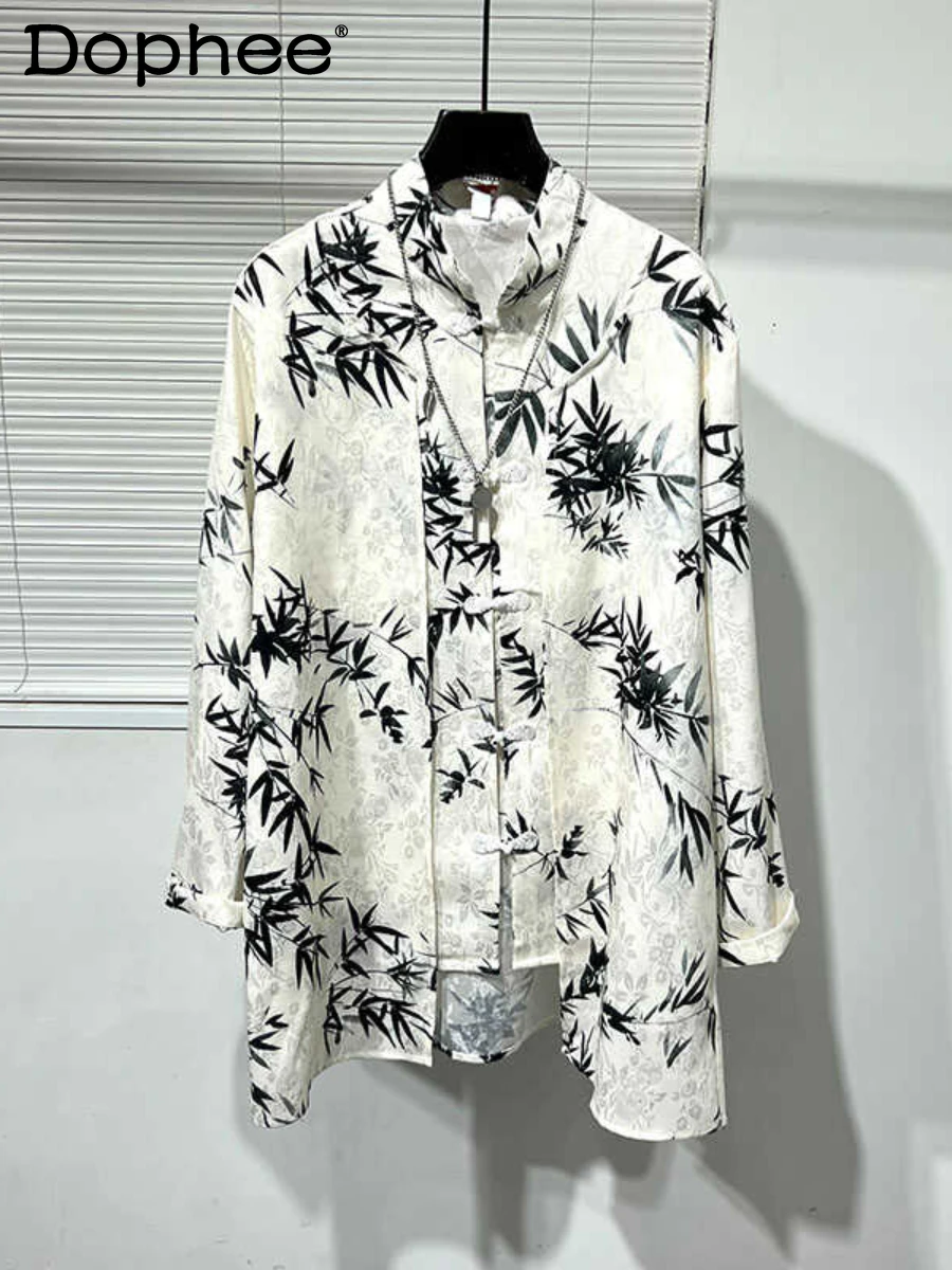 

Men's New Chinese Style Bamboo Leaf Jacquard Fashionable Shirts Loose Comfort Lapel Mid-Length Shirt Men's Fashion Shirt