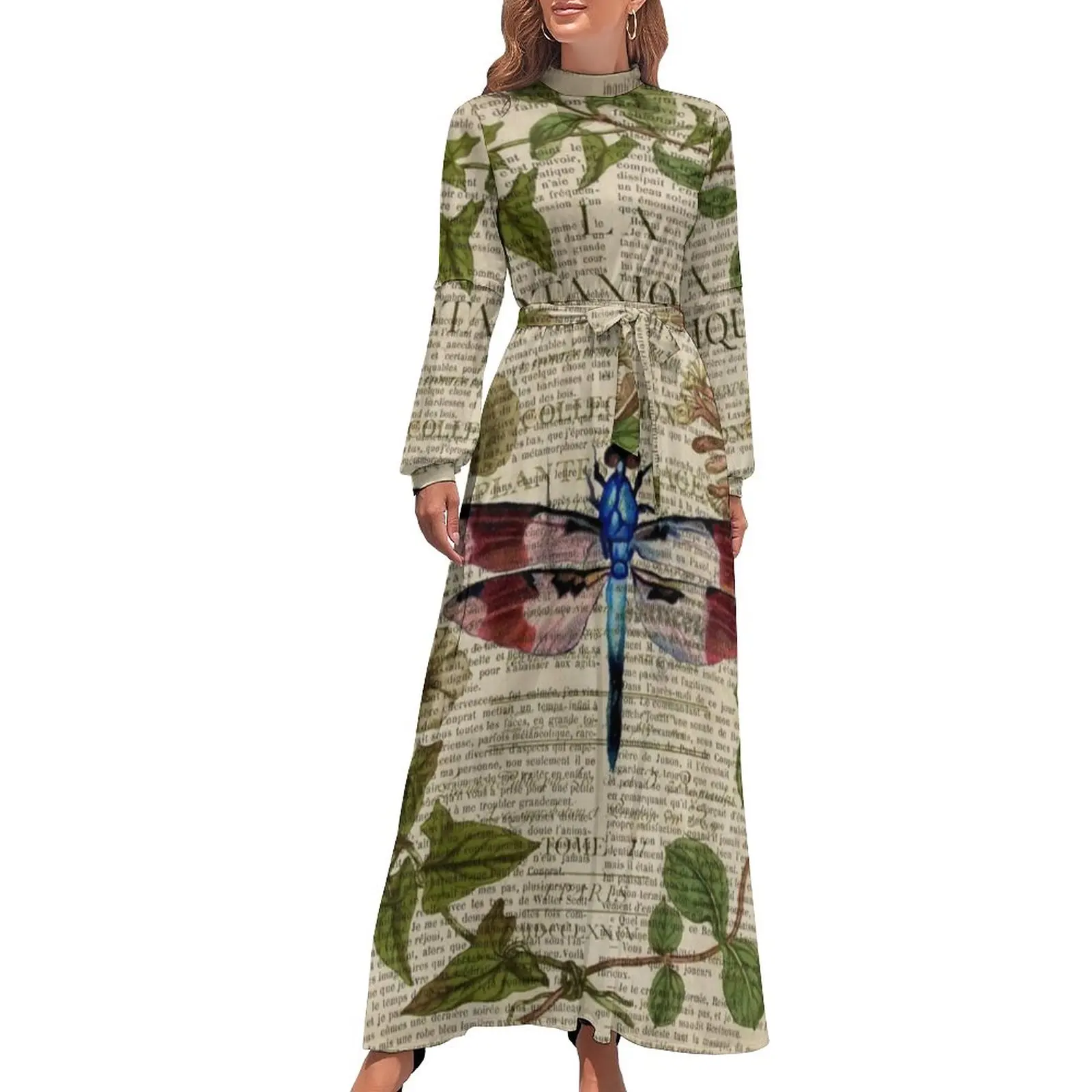 

Newspaper Print Dress High Neck Modern Leaves Botanical Boho Beach Dresses Long-Sleeve Casual Long Maxi Dress Elegant Clothes