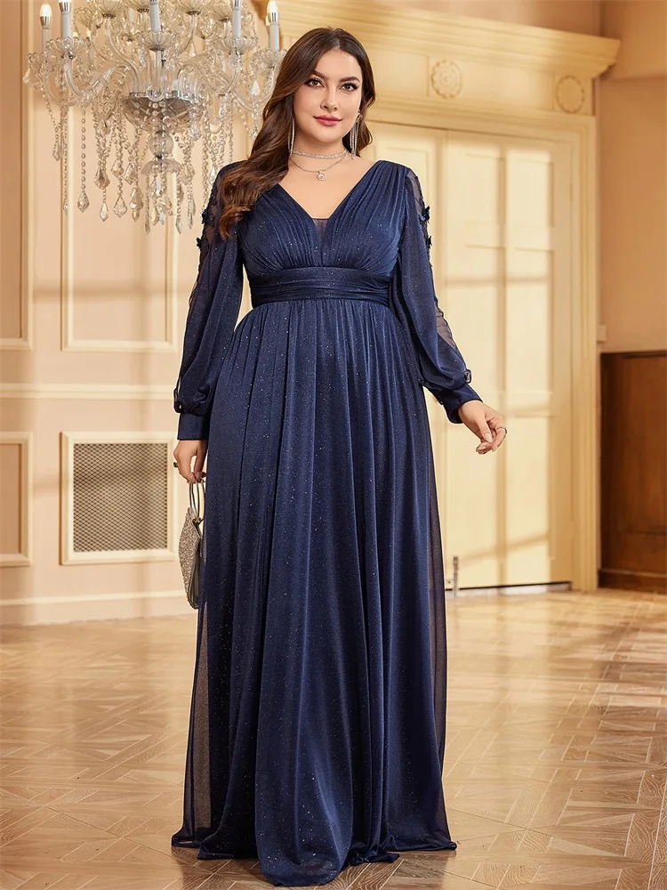 

XUIBOL Plus Size Elegant Applique Blue V-Neck Evening Dress Luxury Long Sleeve Chiffon Wedding Party Maxi Prom Cocktail Dress