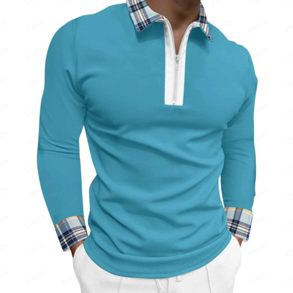 

New Men's T-Shirts Zip-Up Plaid Lapel Collar Formal Dress T-Shirt Tops Long Sleeve Sport Soft Tee Shirt Pullovers Men Clothing