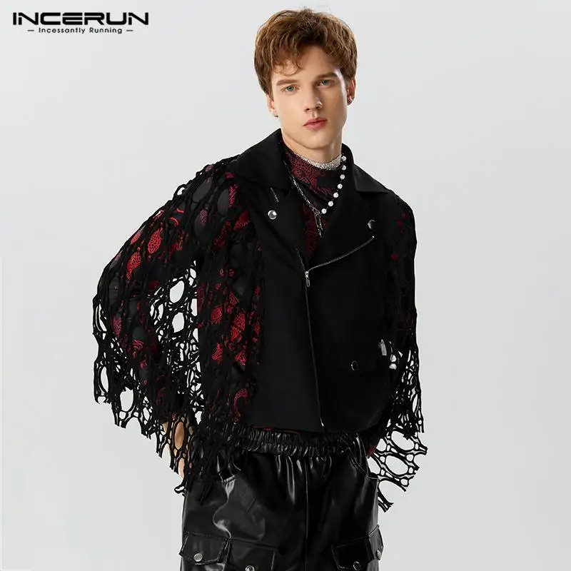 

INCERUN Men Cloak Irregular Trench Mesh Patchwork Lapel Zipper Ponchos Men Cape Streetwear Loose 2023 Fashion Thin Coats S-5XL