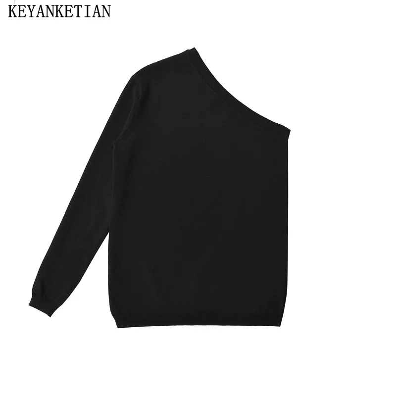 

KEYANKETIAN 2024 New Launch Stylish Sexy Women's Asymmetrical One-Shoulder Knitwear Slim Skew collar Black Short Knitted Top