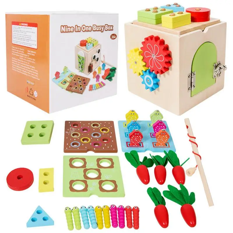 

Montessori Wooden Toy Educational Activity Cube Sensory Board for Boys and Girls With Fishing Game Shape Sorter Pull Along Toy