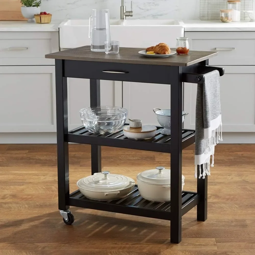 

2 Shelves Kitchen Island Cart with Storage, Solid Wood Top and Wheels, 35.4 X 18 X 36.5 Inches, Gray-wash and Black
