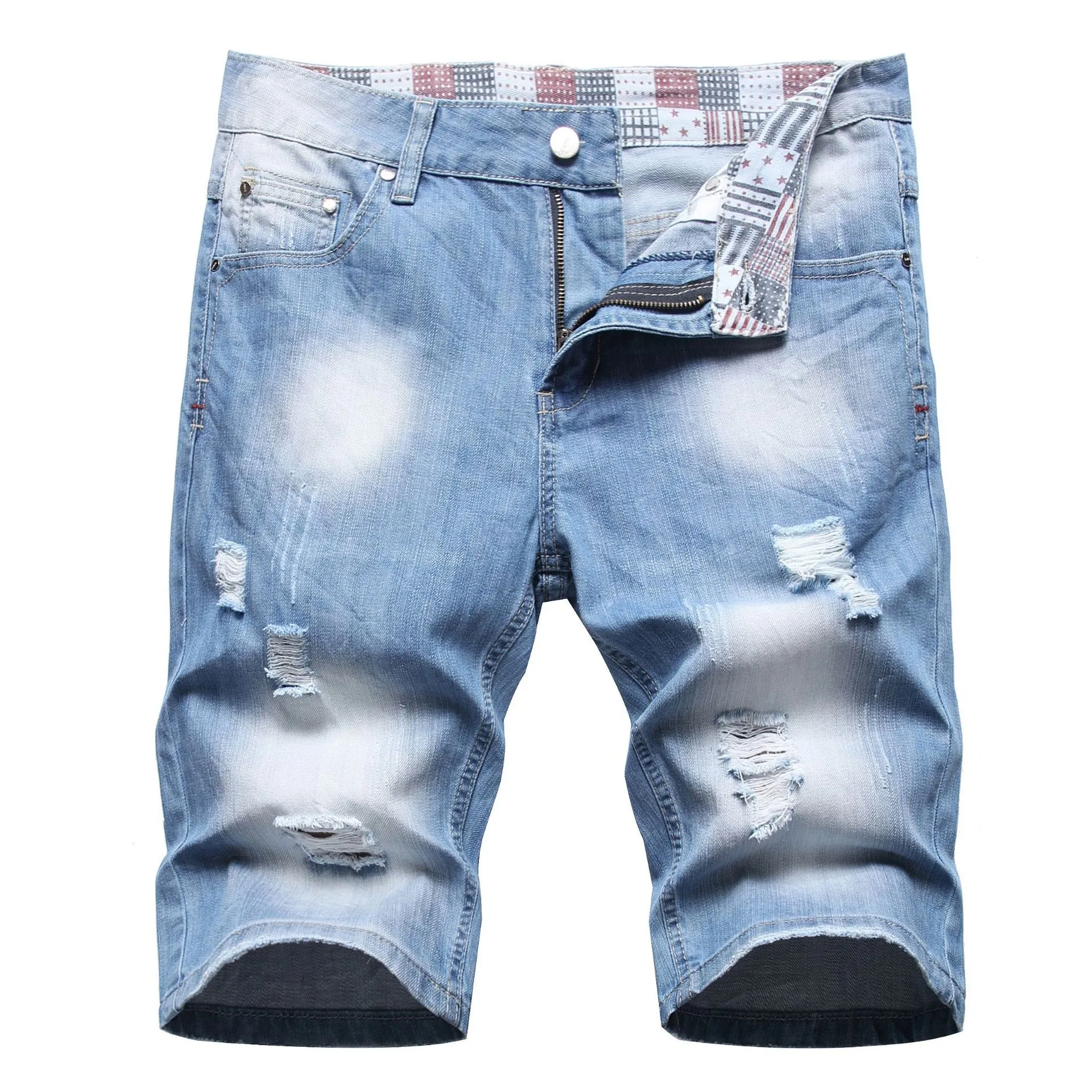 

Summer denim shorts men ripped mid-length pants Korean version of the trend loose straight leg men's five quarter