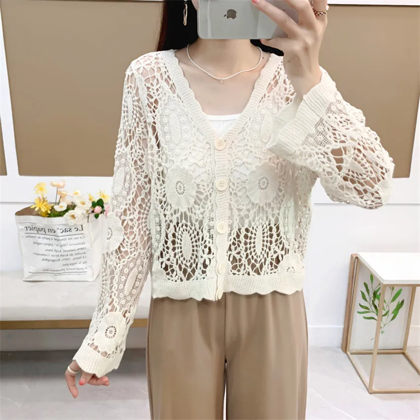 

Spring Summer Lace Blouse White Shirt Crochet Tops Womens Tops And Blouses Kimono Cardigan Blusa Mujer De 2023