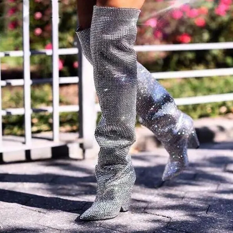 Women Fashion Pointed Toe Bling Bling Crystal Over Knee Boots Rhinestone Women Shoes Cone Heels Wedge Luxury Long Winter Boots
Women Fashion Pointed Toe Bling Bling Crystal Over Knee Boots Rhinestone Women Shoes Cone Heels Wedge Luxury Long Winter Boots