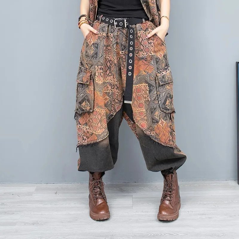 

2024 Spring Autumn New Trendy Personality Print Distressed Denim Jeans Women Large Crotch Pants LX1059