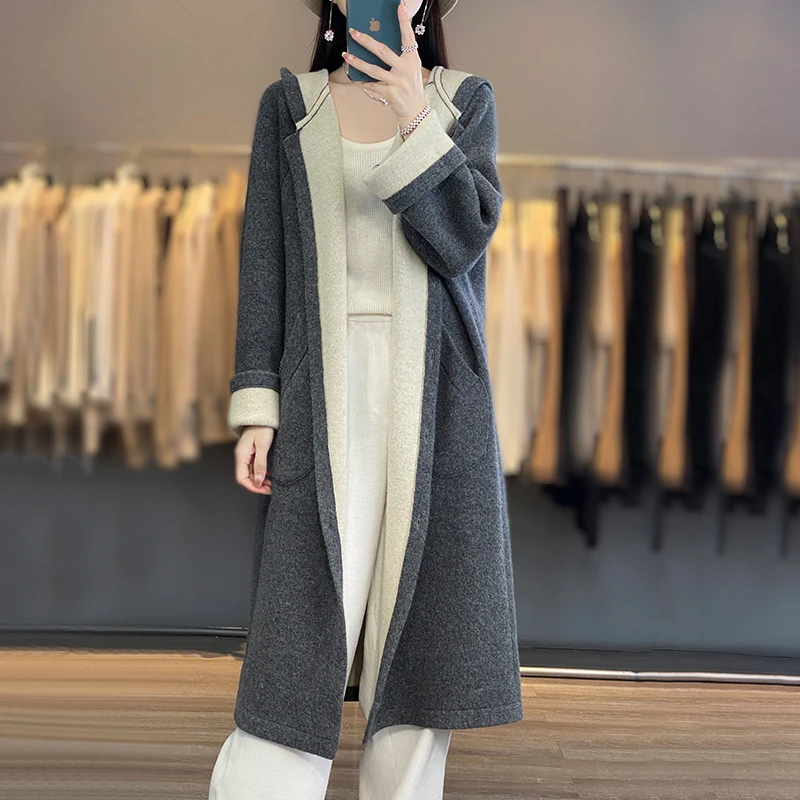 

100% Merino Wool Woman's Sweater Auutmn Winter Long Coats Long Sleeve Turn-Down Collar Female Cardigan Jumper Loose Top Oversize