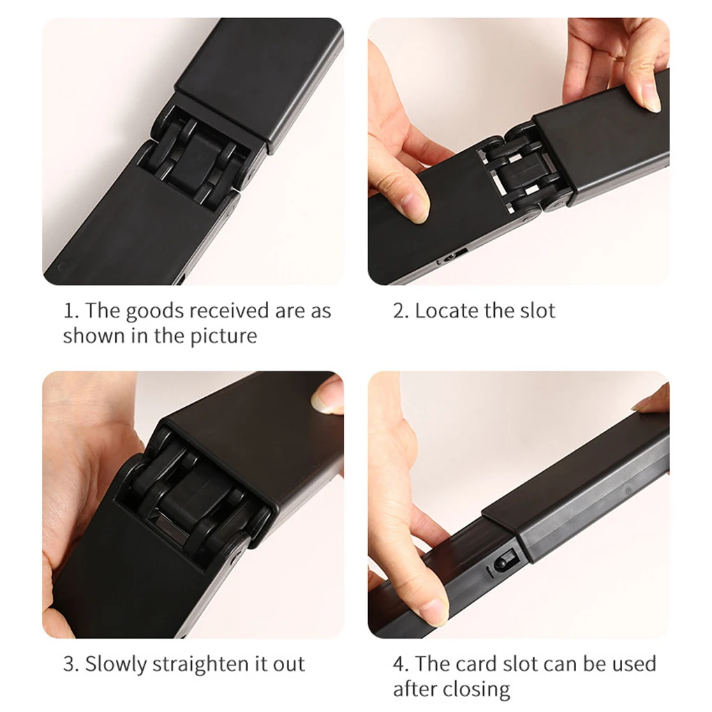Dog Poop Scooper | Jaw Clamp Heavy Duty Poop Scooper A four-step photographic guide showing how to assemble the foldable scooper. Steps include receiving the goods, locating the slot, straightening the handle, and locking the sliding card slot into place for use.