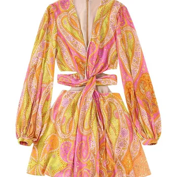 Vestido de Noite Clássico Francês para Ocasiões Especiais 13 Willshela Women Fashion Printed Hollow Out Back Zipper Mini Dress Vintage V-Neck Long Sleeves Female Chic Lady Dresses