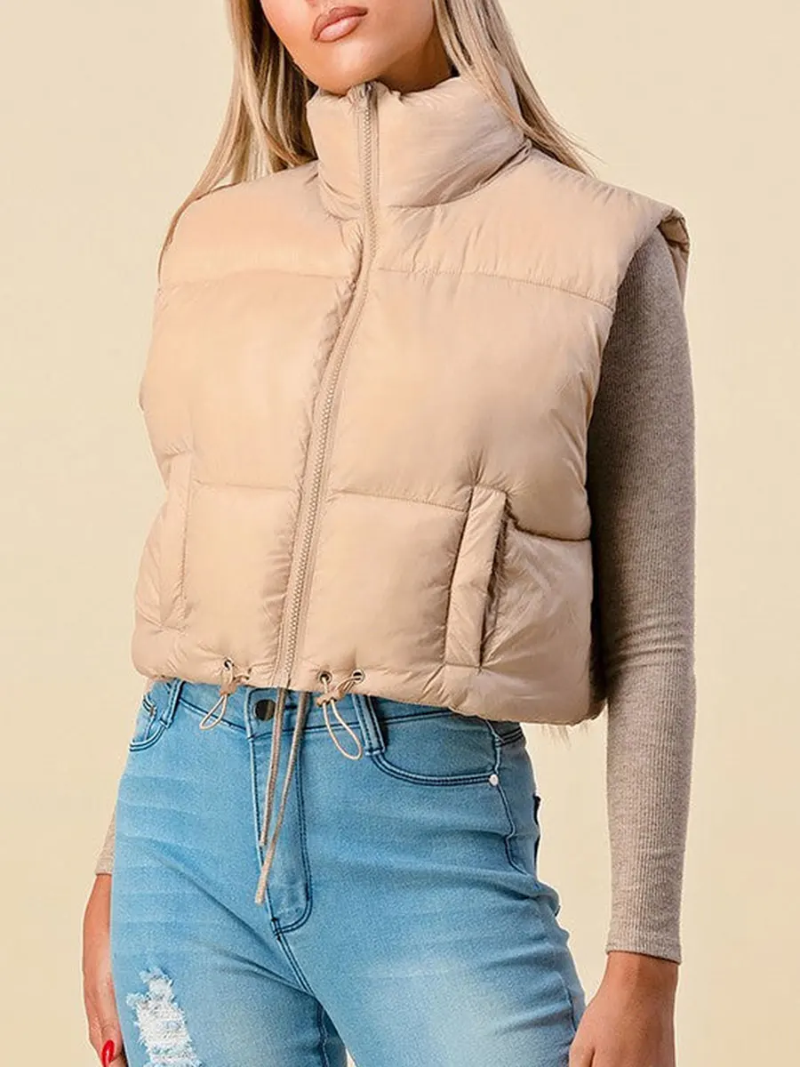 

Solid Color Padded Vest Women Sleeveless Zip Up Crop Puffer Gilet Winter Warm Quilted Coat Outwear Streetwear