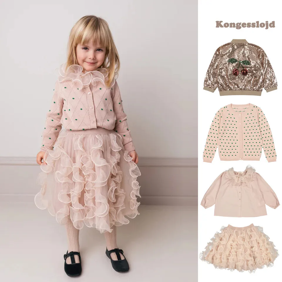 

2024 Spring KS Children's Clothing Baby Girls Jacquard Sweater Toddler Girl Tutu Skirt Lotus Collar Shirt Bead Coat Jacket Suit