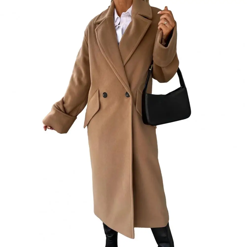 

Woman Fall Winter Overcoat Loose Double-breasted Straight Long Sleeve Thick Windproof Mid Length Lapel OL Commute Style Coat