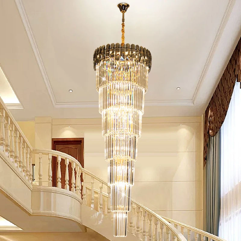 

Loft Staircase Crystal Metal Pendant Light High Ceiling Villa Living Room Custom Chandelier European Grand Luxury Luminaire