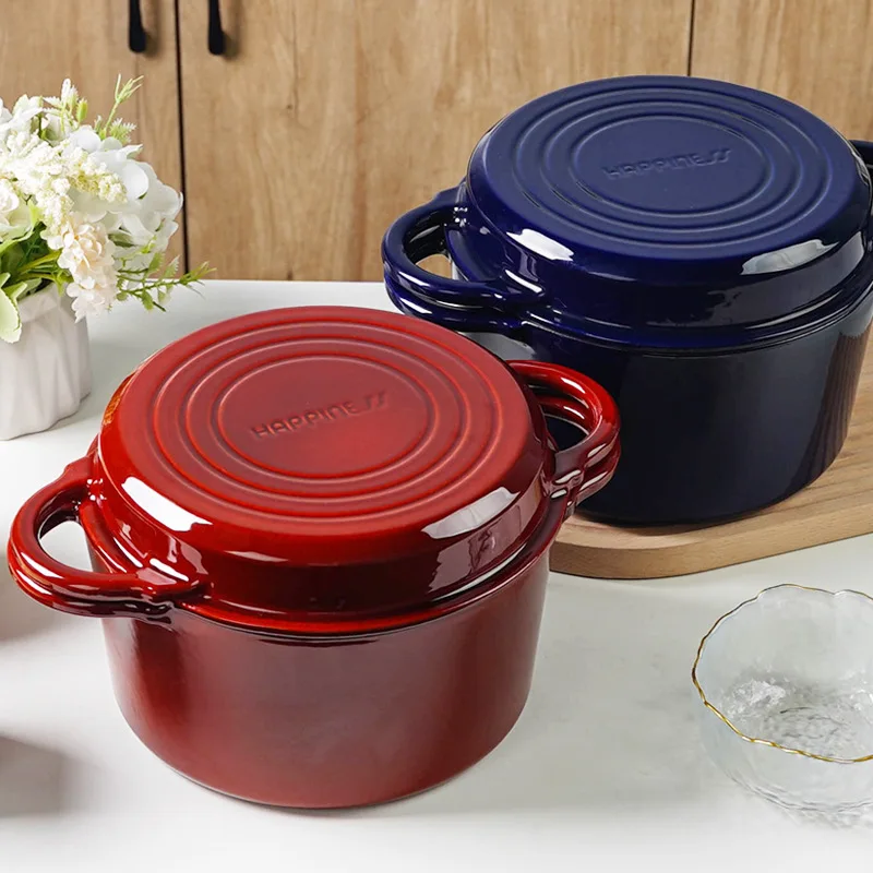 

2-in-1 Enamel Cast Iron Dutch Oven With Handles Crock Pot Cast Iron Pot With Skillet Lid All-in-one Cookware Braising Pan