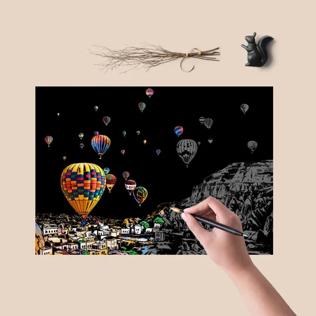 Papier à gratter magique pour adultes, scène de nuit de ville, clip art, montgolfière, tour Eiffel, jouet d'instituts souligné, cadeau créatif, 4 pièces 2