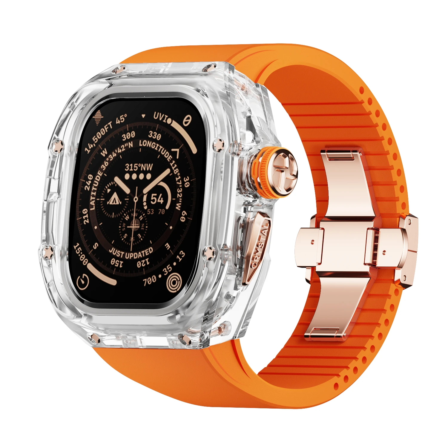 

For Apple Watch Ultra 2 49mm K9 Crystal Transparent Case Fluororubber Rubber Strap Conversion Protect iwatch orange band