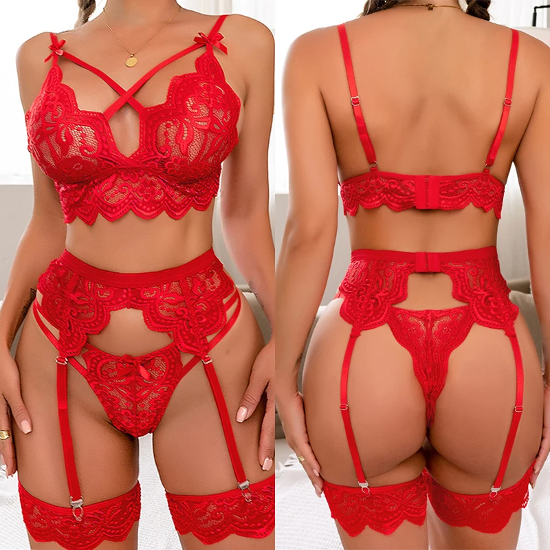 

Sexy Bow Bra Set Hollow Out Women's Underwear Erotic Cut-out Sexy Lingerie Bra Panty And Garters Sets Lenceria Sensual Mujer