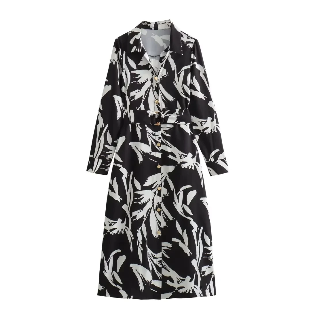 

TRAF Retro Printed Midi Dresses 2024 Elegant Long Sleeves Loose Women's Dress Fashion Lapel Button Up Shirtdress Belted Vestidos