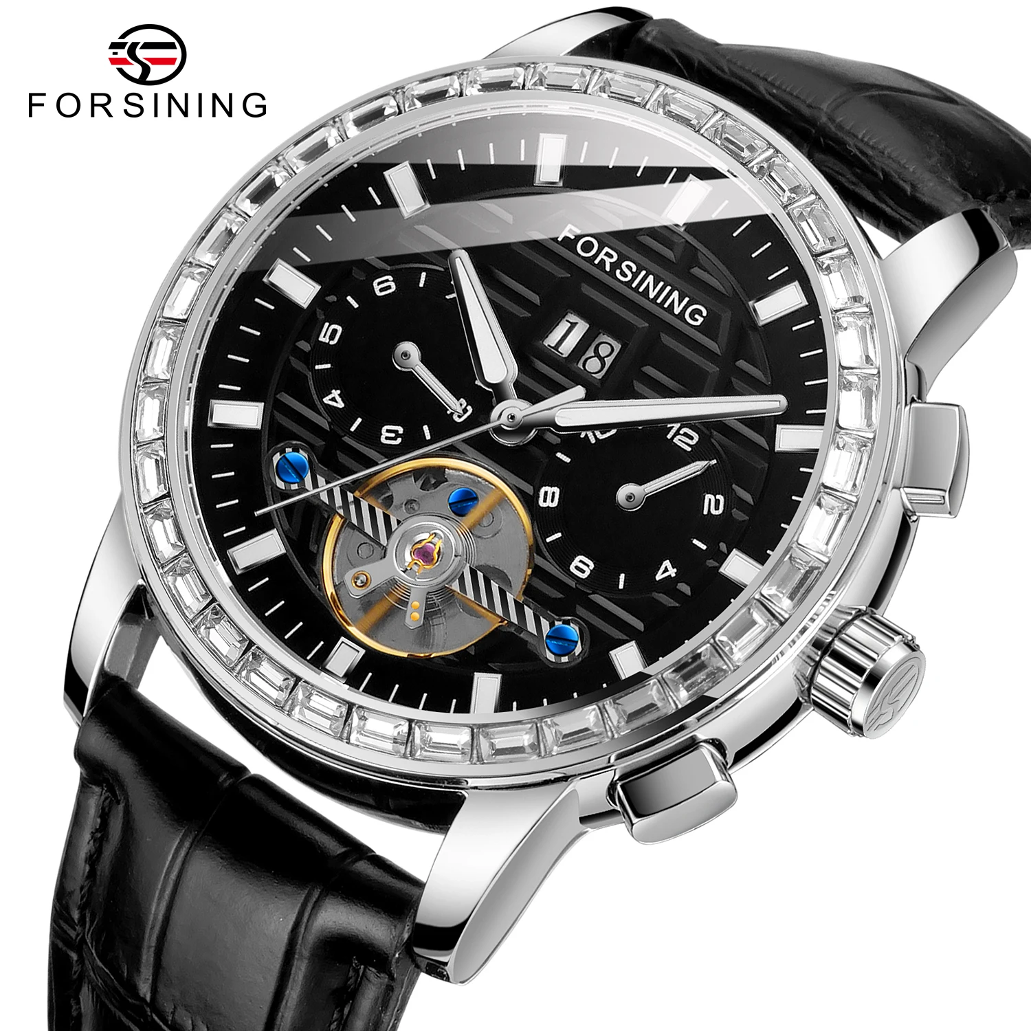 

Forsining Fashion Tourbillon Automatic Skeleton Watch for Men Week Display Sub-Dials Luxury Mechanical Watches Leather Strap New