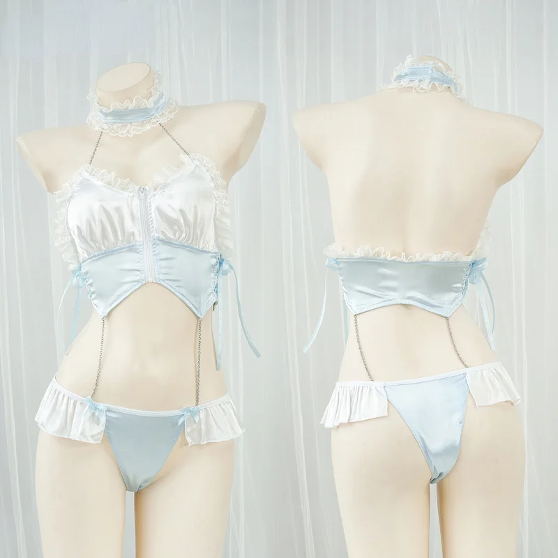 

Anime Halter Neck Sexy Women Uniform Bodysuit Cosplay Chain Lace Tie Maid Dress Underwear Jumpsuits Pajamas Homewear Costume