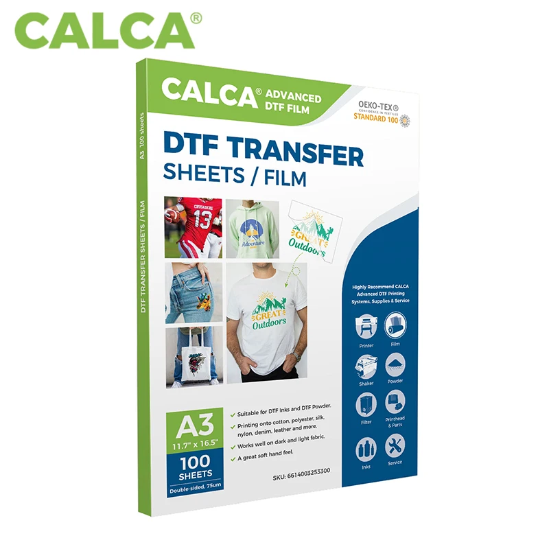 CALCA 100pcs 11.7"x16.5" A3 DTF Transfer PET Film Hot Peel Double Sided Direct Transfer Film for T-shirt R1390 L1800 Wholesale
CALCA 100pcs 11.7"x16.5" A3 DTF Transfer PET Film Hot Peel Double Sided Direct Transfer Film for T-shirt R1390 L1800 Wholesale