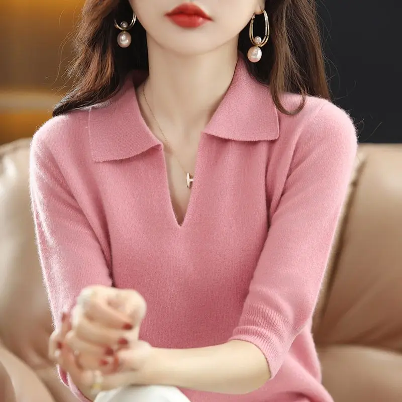 

Autumn and Winter Women's V-neck Three Quarter Collar Solid Color Pullover Knitted Underlay Fashion Commuter Sweater Tops