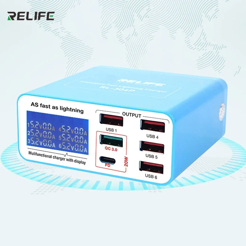 

RELIFE RL-304P PD3.0 QC3.0 Smart 6-Port USB Digital LCD Display Lightning Charger Suitable For Charging All Mobile Phone Tablet