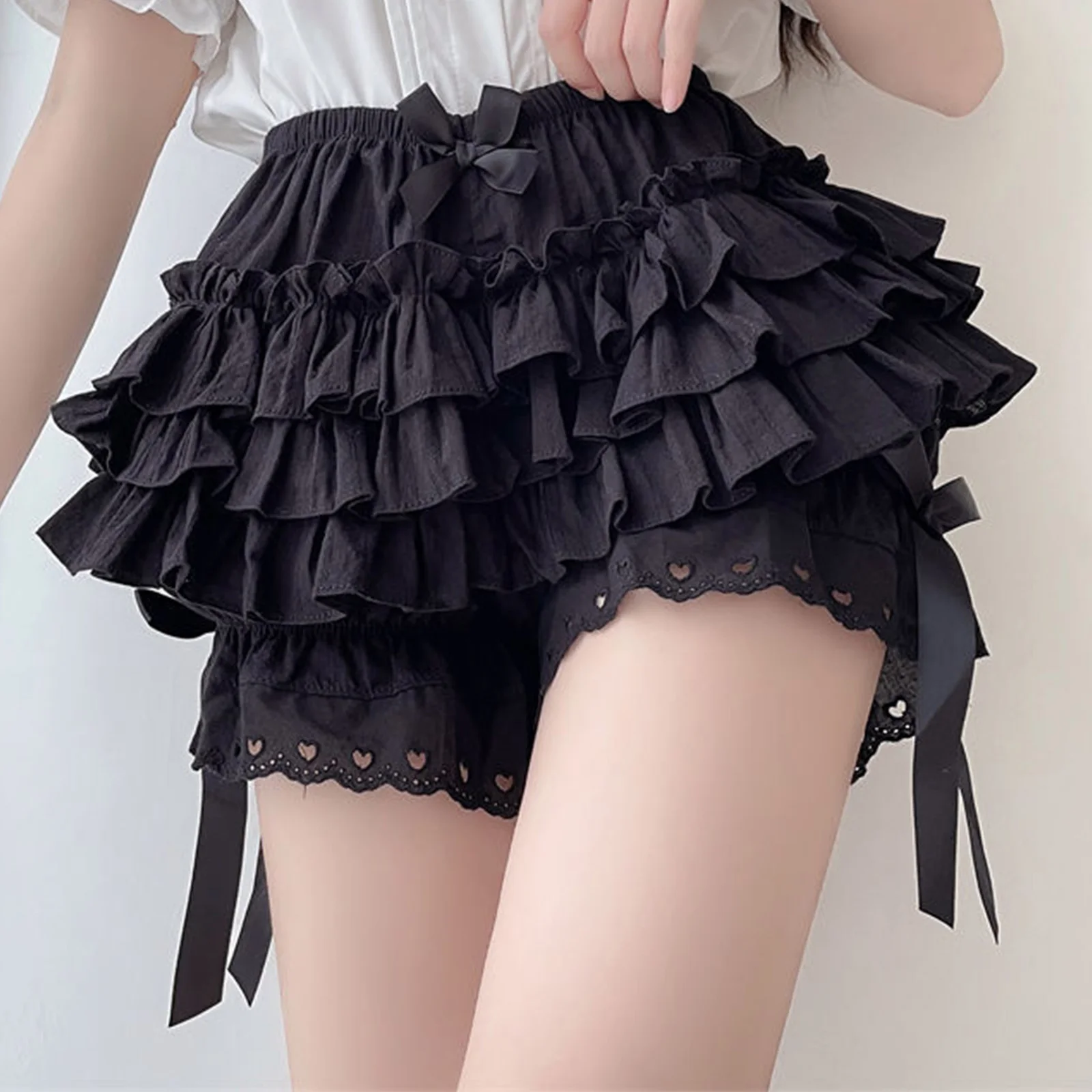 

Womens Cake Skirts Frilly Bloomers Shorts Bowknot Maid Waist Ruched Culottes Ruffled Panties for Halloween Masquerade Party