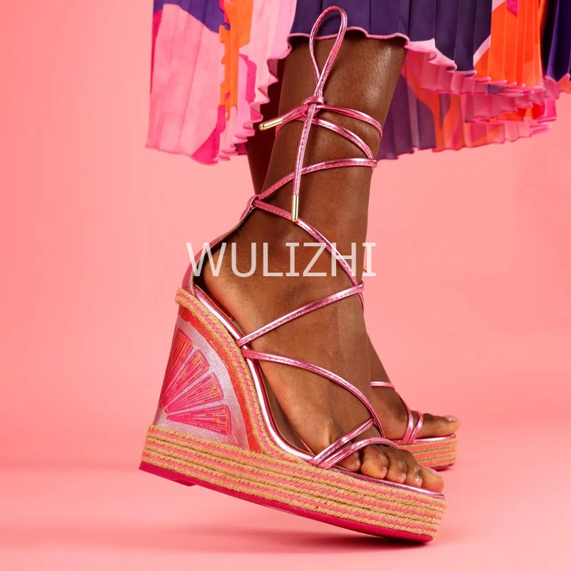 

Watermelon Pink Bling Graffiti Wedge Sandals Multicolored Espadarille Leather Wrap Strappy Sandals Platform Riband Round Shoes