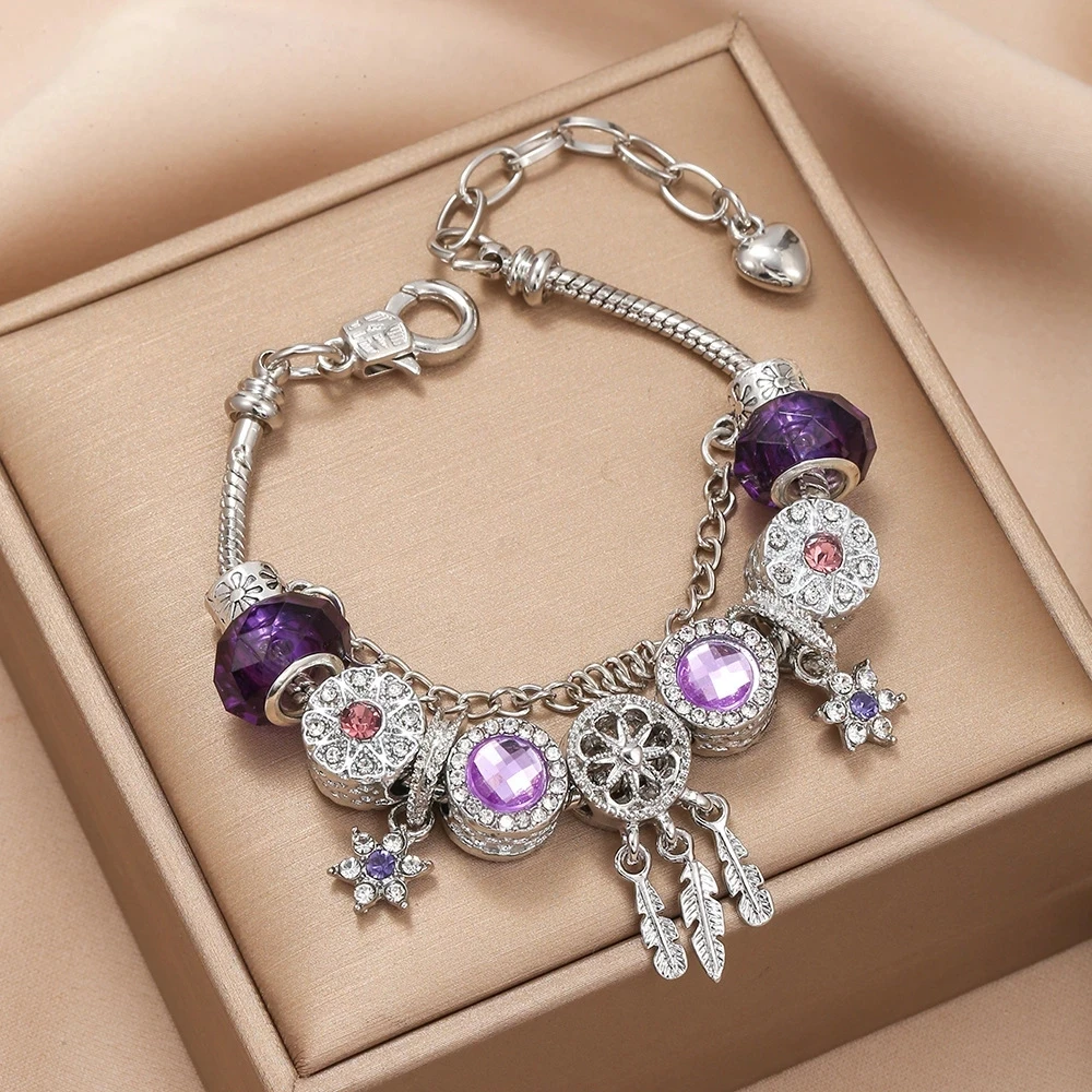 Tassel Dream Catcher Charms Bracelet Women,DIY Purple Crystal Beads Crystal Pendant with Silver Plated Snake Bone Chain Bracelet
Tassel Dream Catcher Charms Bracelet Women,DIY Purple Crystal Beads Crystal Pendant with Silver Plated Snake Bone Chain Bracelet