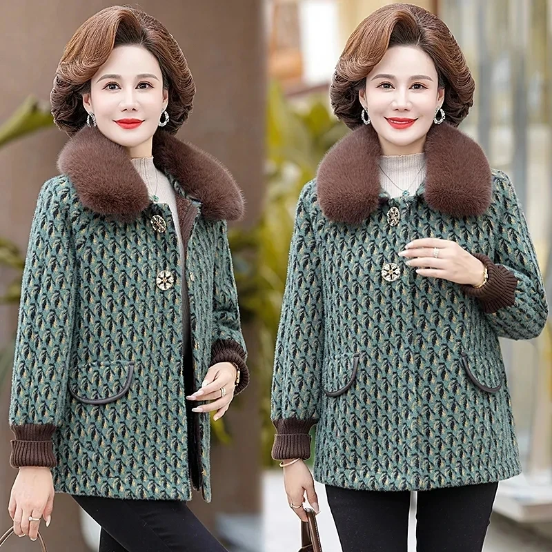 

Winter Jacket Mother's High Quality Thicken Imitation Mink Cashmere Wool Coat Middle Aged Women Add Velvet Warm Woolen Overcoat