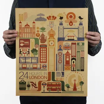 윈미르 레트로 크래프트 종이 포스터 런던의 어느 날 인쇄 일러스트 빈티지 포스터 홈 인테리어 그림 벽 스티커 36*45cm