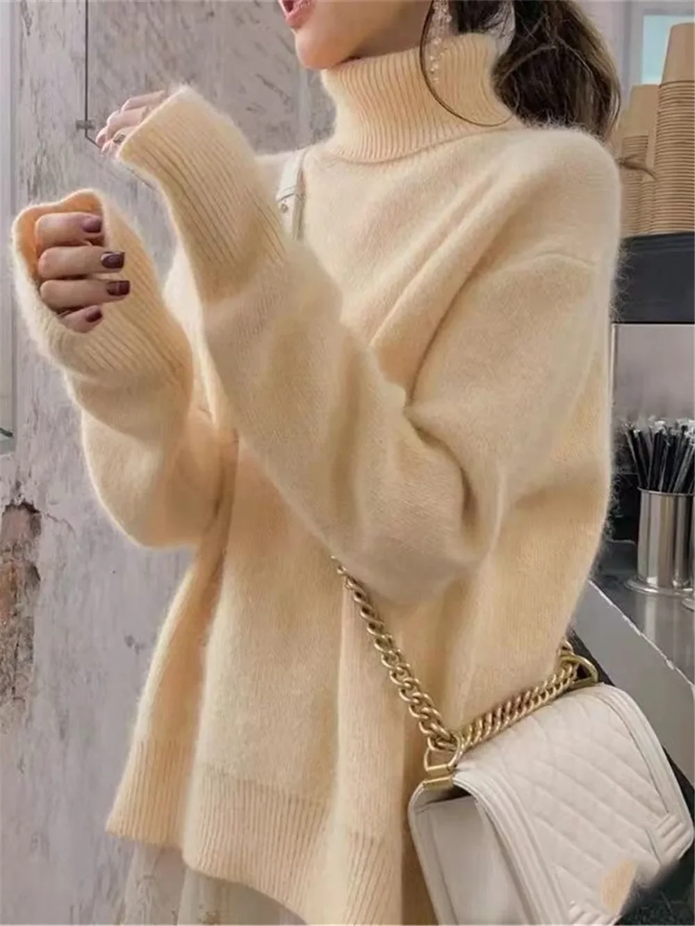 

Модный зимний кашемировый свитер из норки с высоким воротником, женский свободный белый пуловер, мягкие зимние свитера оверсайз, базовые Топы