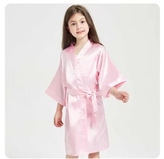 Chemise de nuit en satin rose pour fille, vêtements de nuit d'été, kimono pour enfants, robe de serviette de bain, mariage, spa, fête d'anniversaire 2