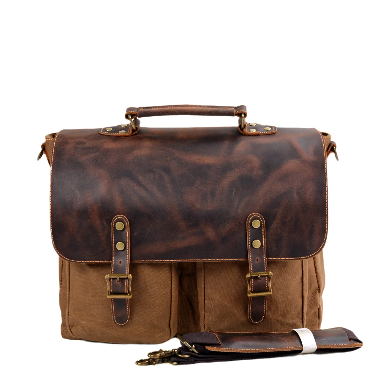 

Waterproof canvas splicing leather Briefcase handbag Men's retro single shoulder cross body 16 inch business computer bag