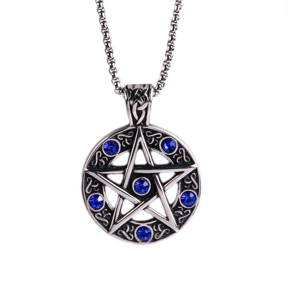 

European and American retro personalized men's pentagram studded sapphire stainless steel pendant necklace