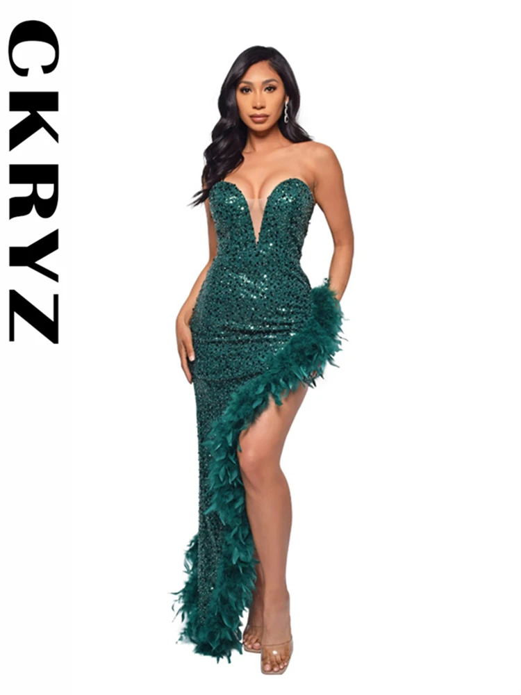 

Ladies Sleeveless Backless Tube Side Slit Sexy Bodycon Maxi Dress For Women Evening Party Clubwear Fashion Bling Glitter Outfits