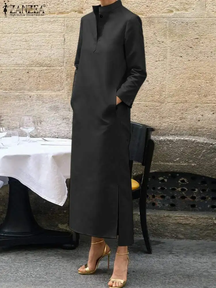 

Платье ZANZEA женское длинное прямого кроя, повседневное свободное Макси-Платье на пуговицах, с длинным рукавом и разрезом на подоле, уличная одежда с воротником-стойкой