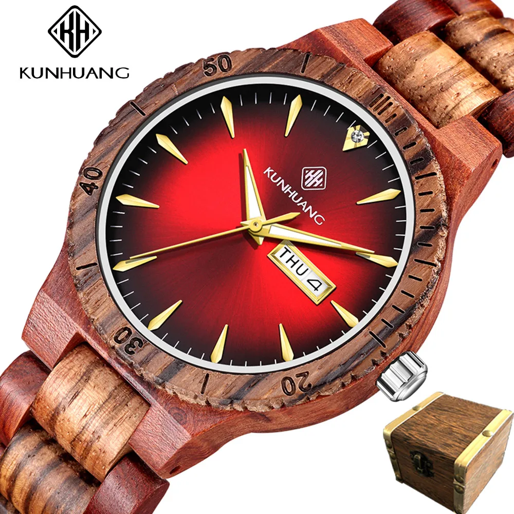 

KUNHUANG Men Watch Colorful Dial Wooden Clock Timepieces Week Date Display Quartz Wood Wristwatch for Men Women reloj mujer