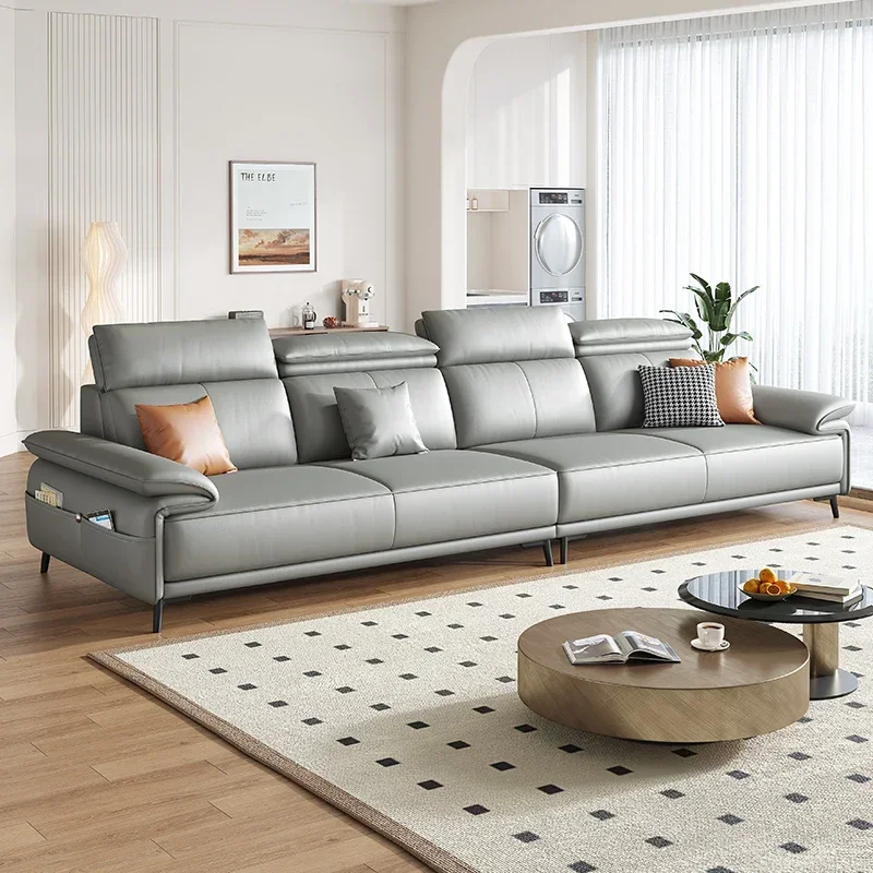 

Leather sofa Italian minimalist first layer cowhide simple light luxury modern living room inline three-person leather furniture
