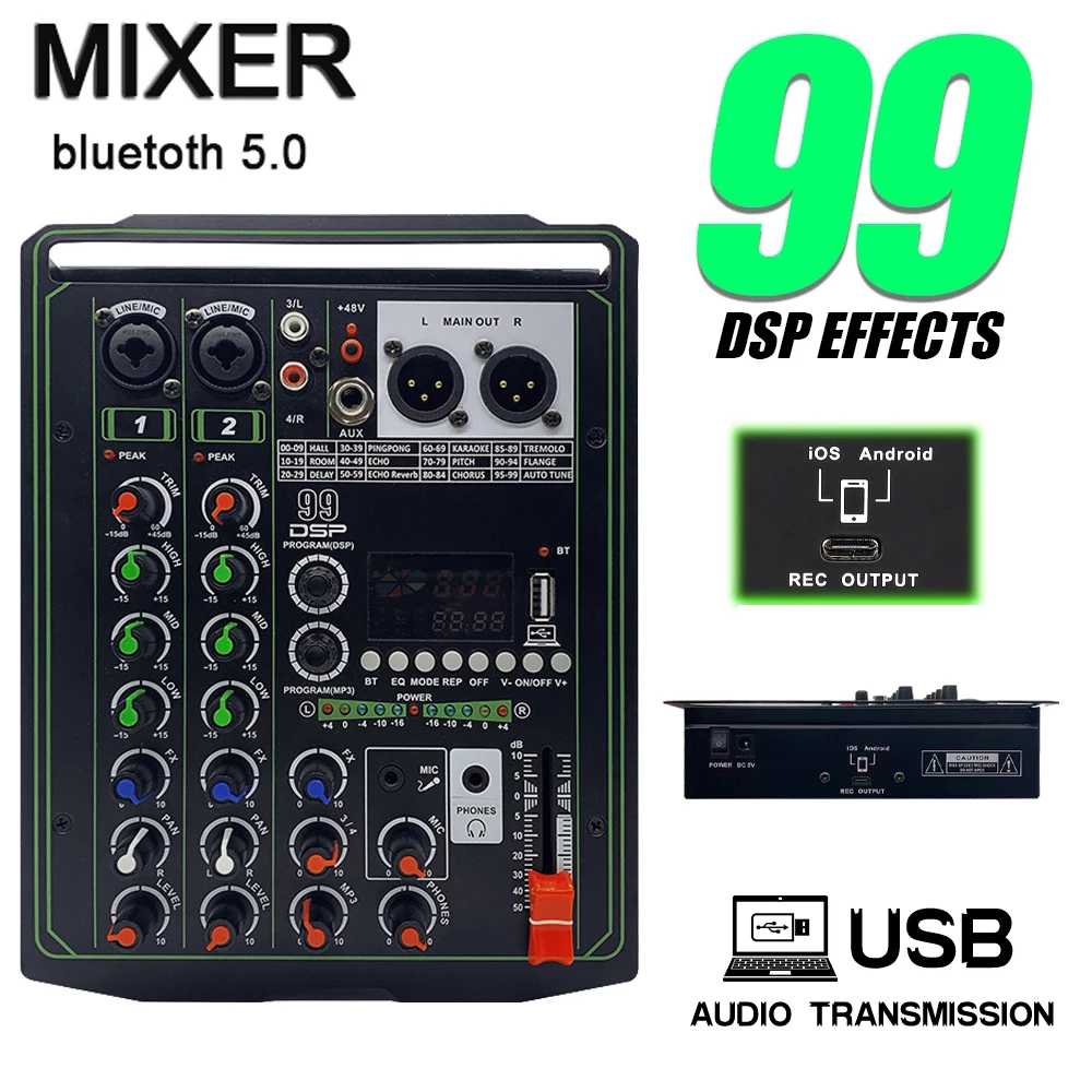 

4 Channel Recording Sound Mixer for Phone/PC DJ Sound Mixing Console USB with 48V Phantom Power 99 DSP Effects Audio Mixer