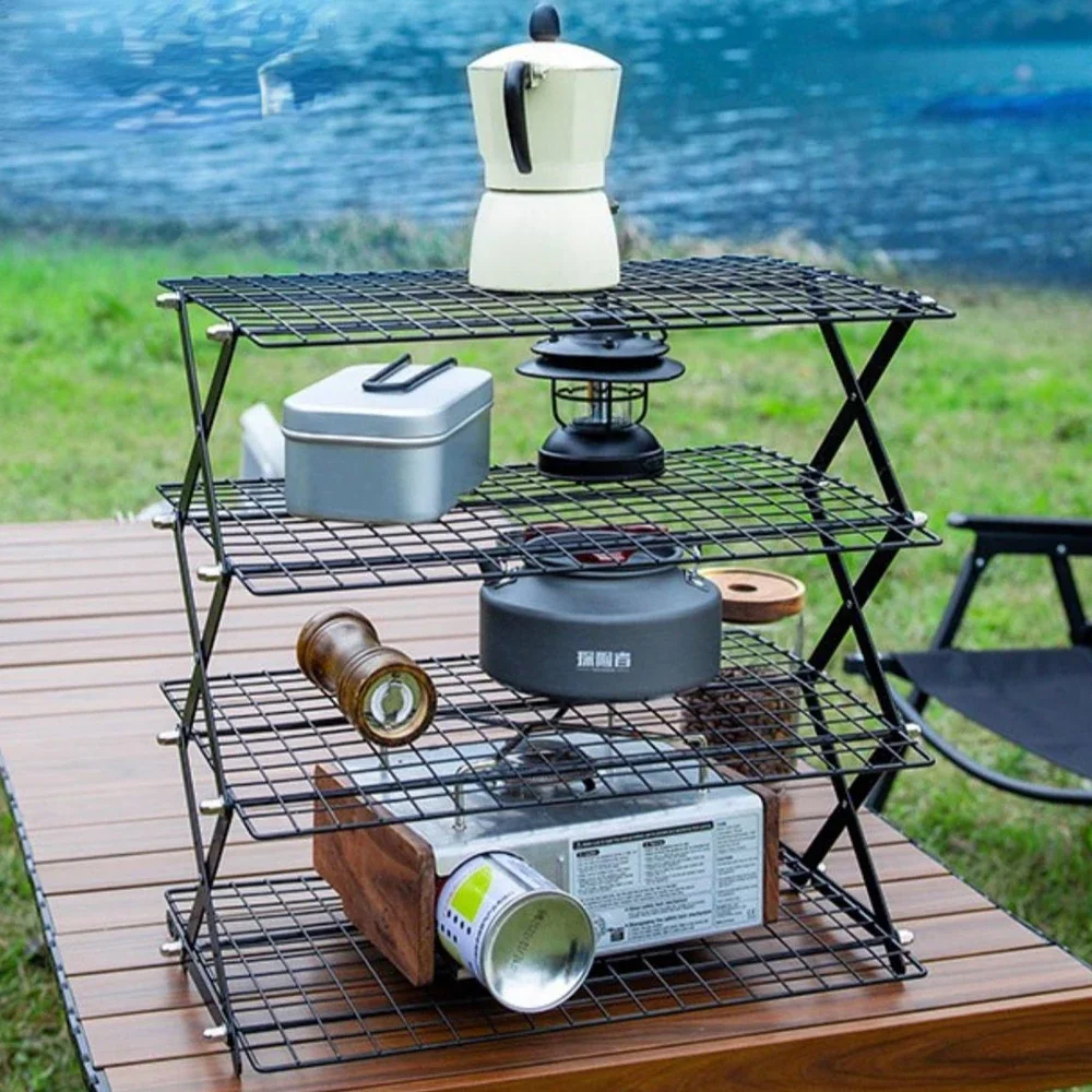 

Outdoor Storage Shelf Three-tier Rack Foldable Picnic Camping Barbecue Folding Table Easy To Carry Garden BBQ