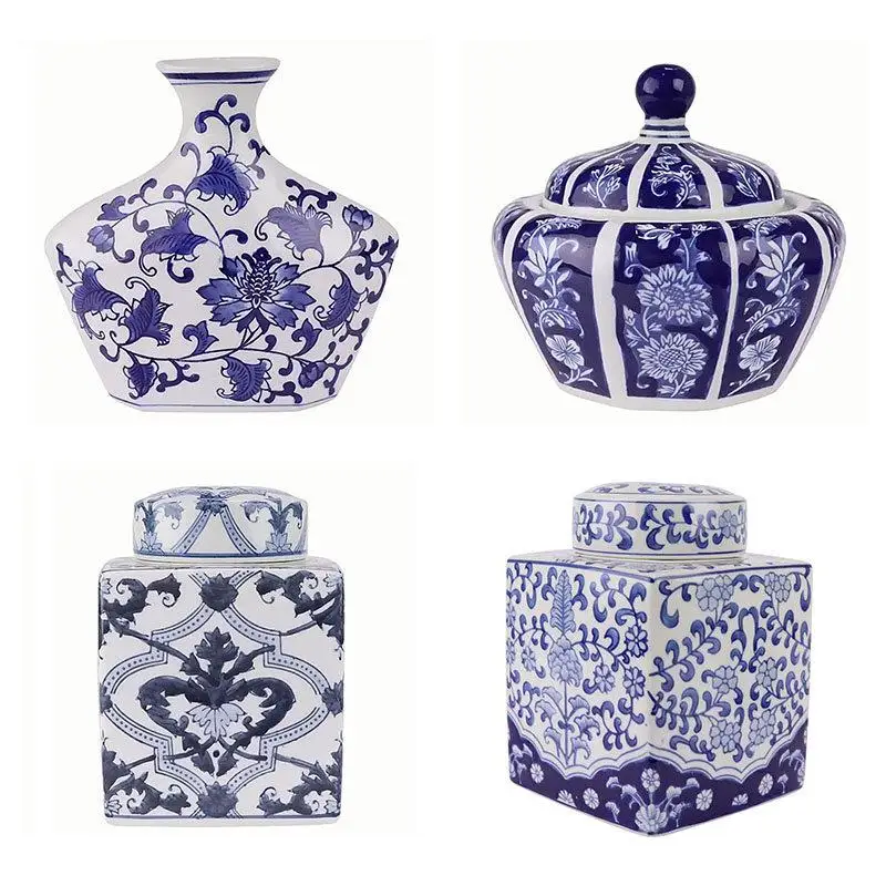 

Blue and White Porcelain Ceramic Storage Jar Floral Texture Ginger Jar Candy Can Tea Canister Desk Decoration Flower Arrangement