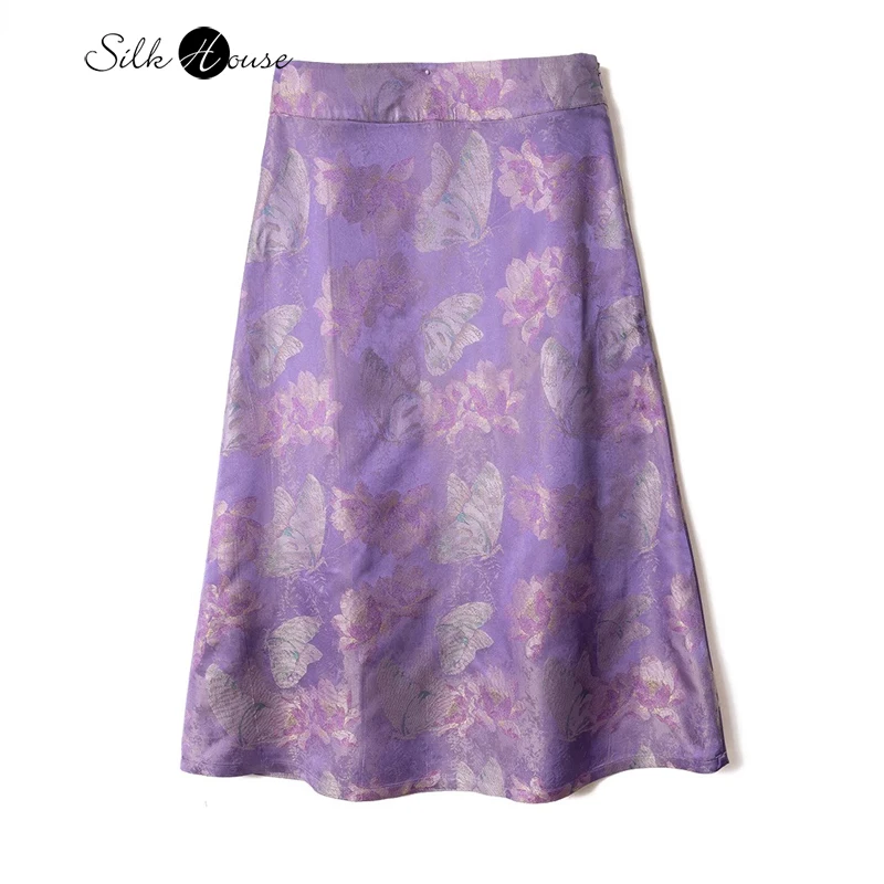 

2024 Women's Summer Fashion New Heavyweight 100% Natural Mulberry Silk Song Brocade New Chinese Purple Butterfly Print Skirt