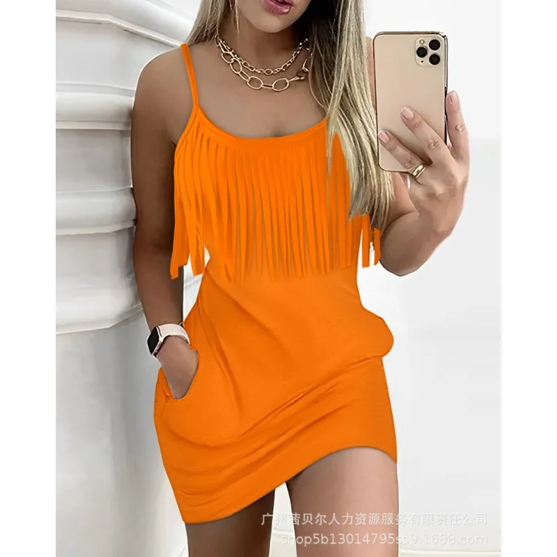 

Wepbel O-neck Spaghetti Strap Sheath Dress Y2K Tassel Splicing Sling Dress Women Summer Solid Mini Sexy Bodycon Camis Dress