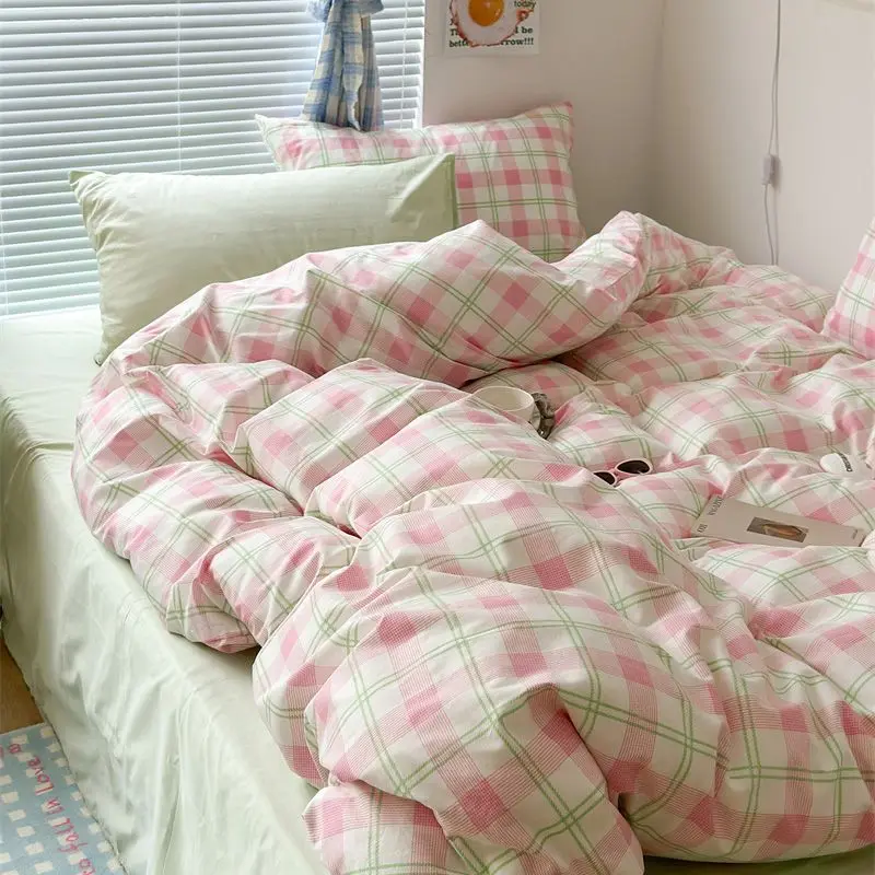 

INS Pink Green Lattice Stripe Bedding Set Plaid Duvet Cover Soft Microfiber Bed Linen Twin Full Queen Size Grid Home Textiles