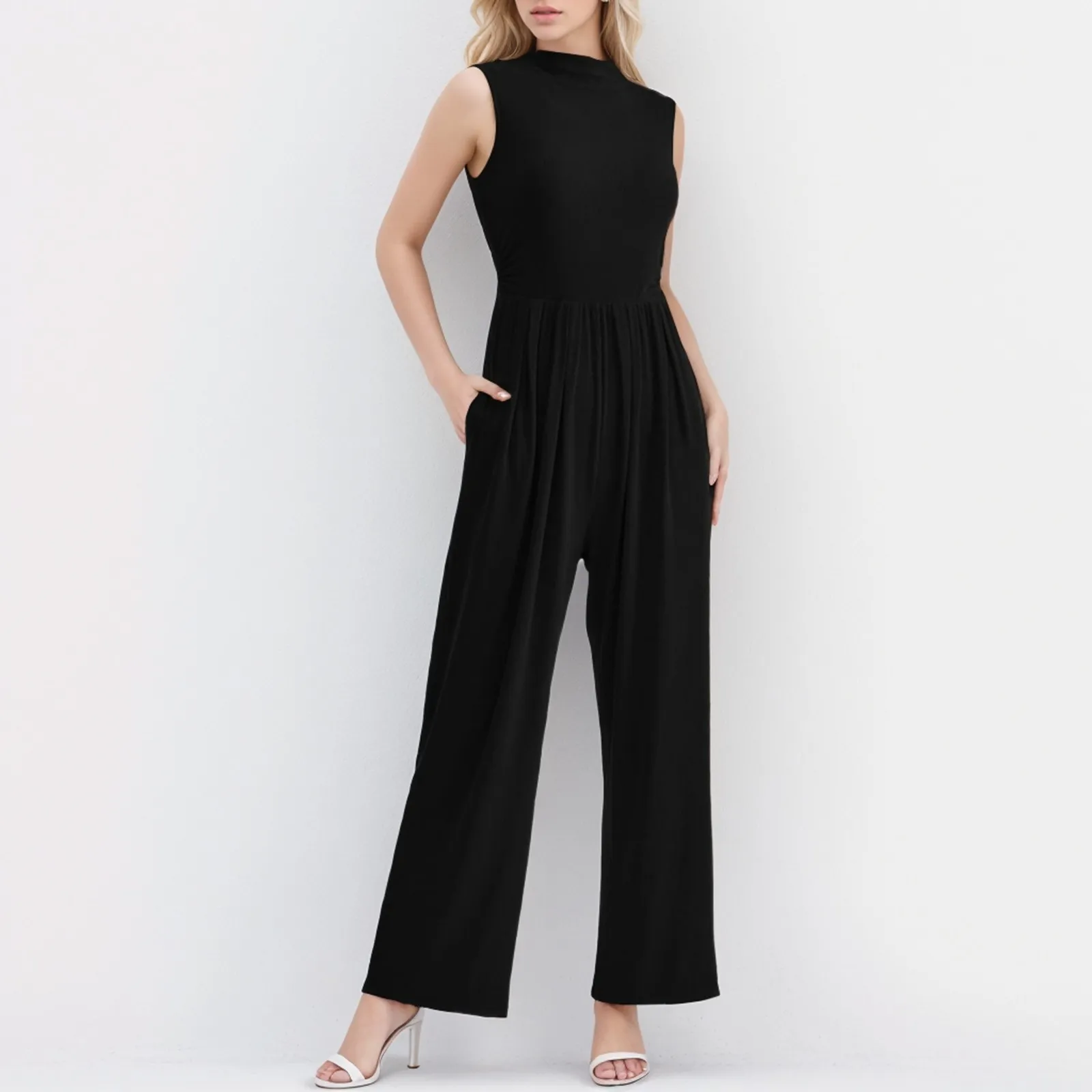 

Womens Summer Elegant Jumpsuits Casual Sleeveless Mock Neck Romper Street Outfits Wide Leg Pants Rompers With Pockets